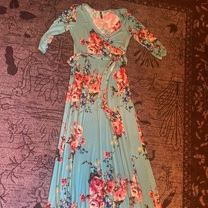 Turquoise floral retro roses maxi faux wrap dress size small
